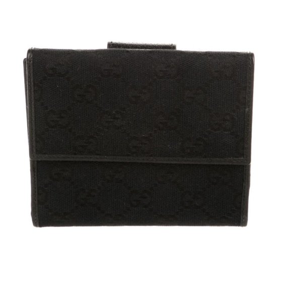 Gucci GG Black Canvas Compact Wallet Leather Lined Gucci D-Ring Gold Hardware - Picture 2 of 3